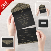 Boda de encaje de oro negro inclusivo con RSVP