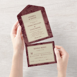 Invitación Todo En Uno Boda de encaje marfil y borgoña