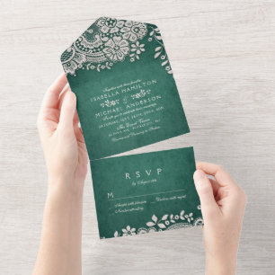 Invitación Todo En Uno Boda de encaje vintage de color verde esmeralda