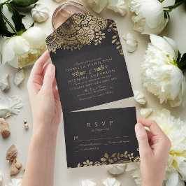 Invitación Todo En Uno Boda de encaje vintage elegante de color negro fal