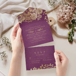 Invitación Todo En Uno Boda de encaje vintage elegante de color púrpura f