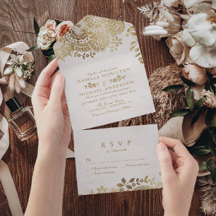 Invitación Todo En Uno Boda de encaje vintage elegante en oro falso