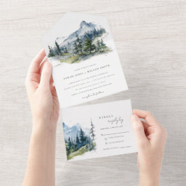Invitación Todo En Uno Boda de esbozo del paisaje montañoso de Blue Green