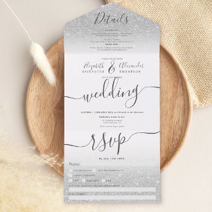 Invitación Todo En Uno Boda de escritura blanco oscuro de purpurina plate