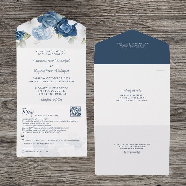Invitación Todo En Uno Boda de escritura botánica azul turquesa (All-in-One Dusty Blue Floral Wedding Invitation)