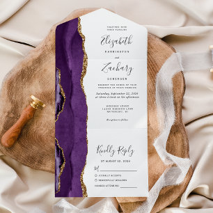 Invitación Todo En Uno Boda de escritura caprichosa de ágata de oro púrpu