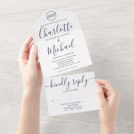 Invitación Todo En Uno Boda de escritura de nudo náutico azul marino y bl