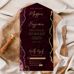 Invitación Todo En Uno Boda de Escritura en Oro con Ágata Rojo Borgoña