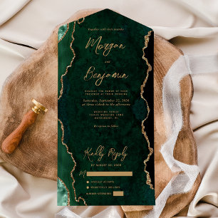 Invitación Todo En Uno Boda de escritura en oro con ágata verde esmeralda