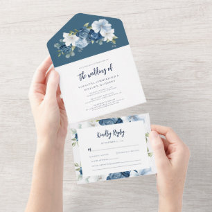 Invitación Todo En Uno Boda de escritura floral azul turbulenta de color 