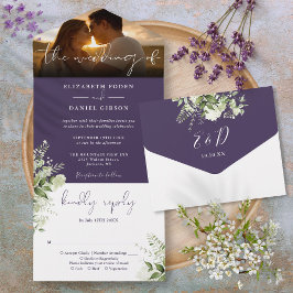 Invitación Todo En Uno Boda de escritura floral verde foto morada
