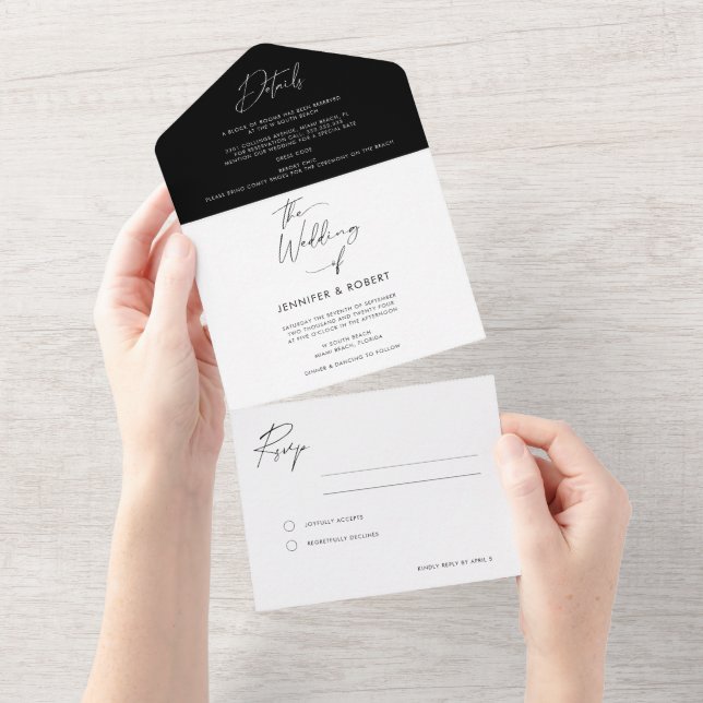 Invitación Todo En Uno Boda de escritura moderna de caligrafía blanca neg (desgarro)
