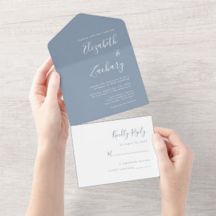 Invitación Todo En Uno Boda de Escritura Moderna Minimalista Azul Polvori