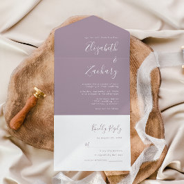 Invitación Todo En Uno Boda de Escritura Moderna Minimalista Lavanda Polv