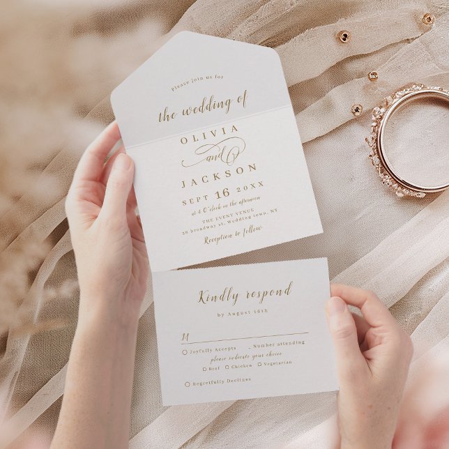 Invitación Todo En Uno Boda de escritura romántico simple y dorado (Gold simple elegant romantic script wedding all in one invitation)