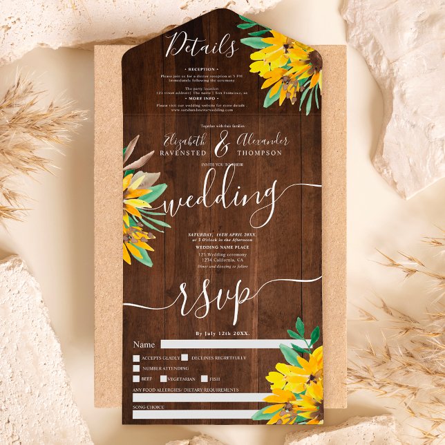 Invitación Todo En Uno Boda de escritura rústica de madera de girasol (Subido por el creador)