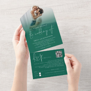 Invitación Todo En Uno Boda de escritura verde esmeralda de QR superpuest