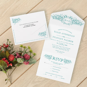 Invitación Todo En Uno Boda de escudo heráldico azul verde azulado