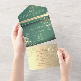 Invitación Todo En Uno Boda de esmeralda floral de oro