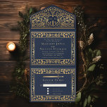 Invitación Todo En Uno Boda de espadas medievales azul<br><div class="desc">Celebre su día especial con este diseño de Boda de espadas medievales. El diseño de la parte trasera de la invitación NO es un verdadero Relieve metalizado de oro. Puede personalizar más adelante haciendo clic en el botón "PERSONALIZAR".</div>