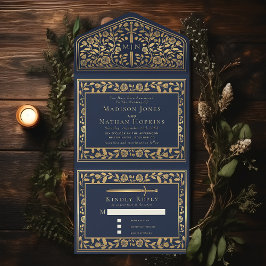Invitación Todo En Uno Boda de espadas medievales azul
