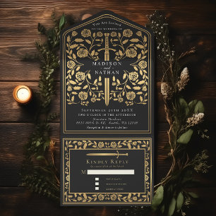 Invitación Todo En Uno Boda de espadas medievales Black Royal