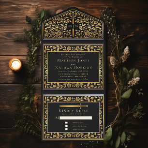 Invitación Todo En Uno Boda de espadas medievales Black Royal