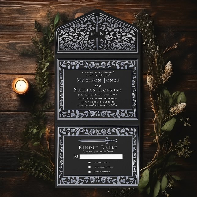 Invitación Todo En Uno Boda de espadas medievales Black Silver Royal (Subido por el creador)