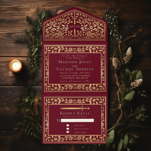 Invitación Todo En Uno Boda de espadas medievales de Red Royal