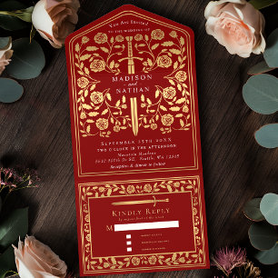 Invitación Todo En Uno Boda de espadas medievales de Scarlet Red Royal