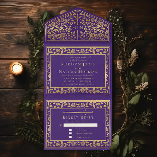 Invitación Todo En Uno Boda de espadas medievales Purple Royal