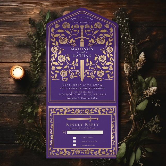 Invitación Todo En Uno Boda de espadas medievales Purple Royal (Subido por el creador)