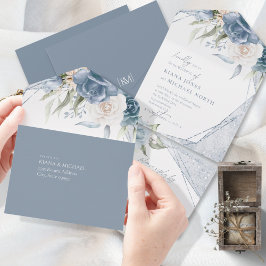 Invitación Todo En Uno Boda de espárragos florales Dusty Blue ID889