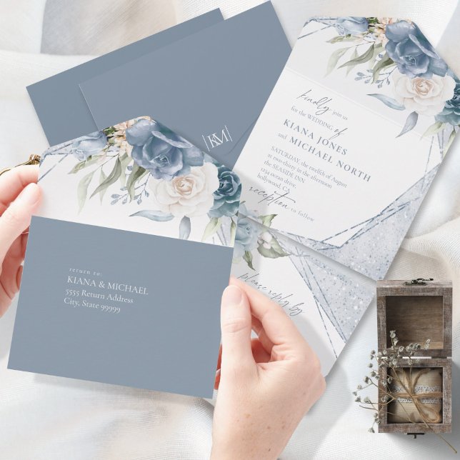 Invitación Todo En Uno Boda de espárragos florales Dusty Blue ID889 (Subido por el creador)