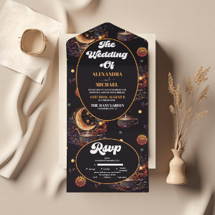 Invitación Todo En Uno Boda de Estrellas Celestiales de Oro Negro Místico