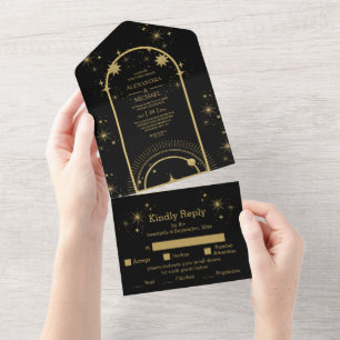 Invitación Todo En Uno Boda de Estrellas Celestiales de Oro Negro Místico