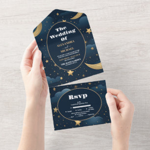 Invitación Todo En Uno Boda de Estrellas Luna Azul Celestial Medianoche