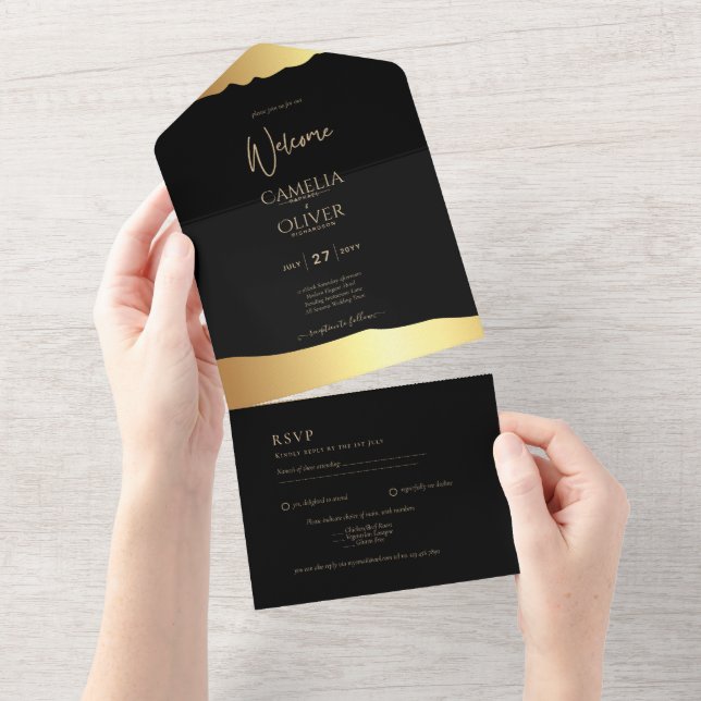 Invitación Todo En Uno Boda de etiqueta dorado con lámina de oro Escritur (desgarro)