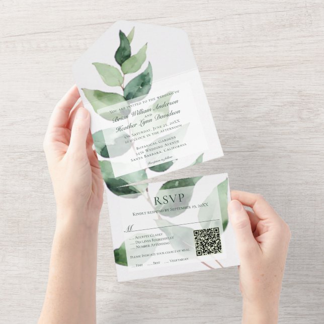 Invitación Todo En Uno Boda de Eucalipto con Acuarela | Blanco (desgarro)
