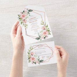 Invitación Todo En Uno Boda de Eucalipto Floral Rosa de Cobre