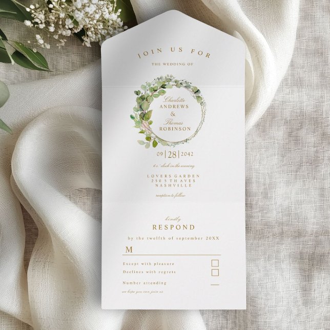 Invitación Todo En Uno Boda de eucalipto moderno y elegante (Modern, elegant eucalyptus wreath wedding all in one invitation)