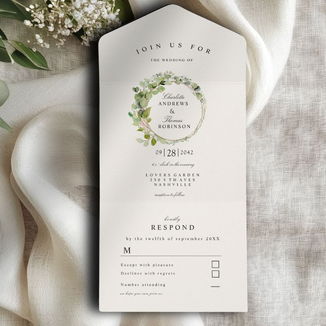 Invitación Todo En Uno Boda de eucalipto moderno y elegante (Modern, elegant eucalyptus wreath wedding all in one invitation)