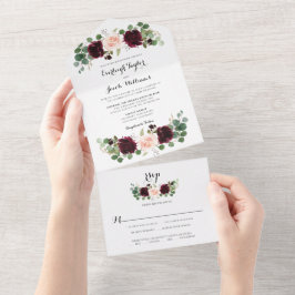 Invitación Todo En Uno Boda de eucalipto rosa de color rojo burdeos de Ru