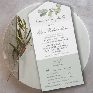 Invitación Todo En Uno Boda de eucalipto verde salvia en acuarela