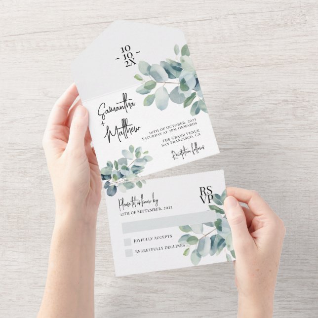 Invitación Todo En Uno Boda de eucalipto verde salvia primavera verano (desgarro)