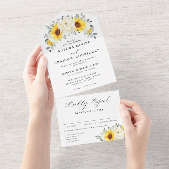 Invitación Todo En Uno Boda de Eucaliptos Florales de Marfil de Sunflower (desgarro)
