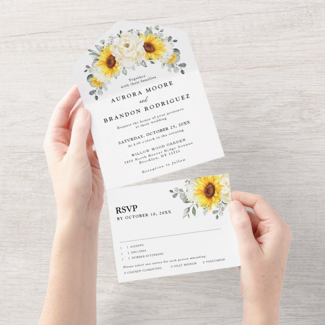 Invitación Todo En Uno Boda de Eucaliptos Florales de Marfil de Sunflower (desgarro)