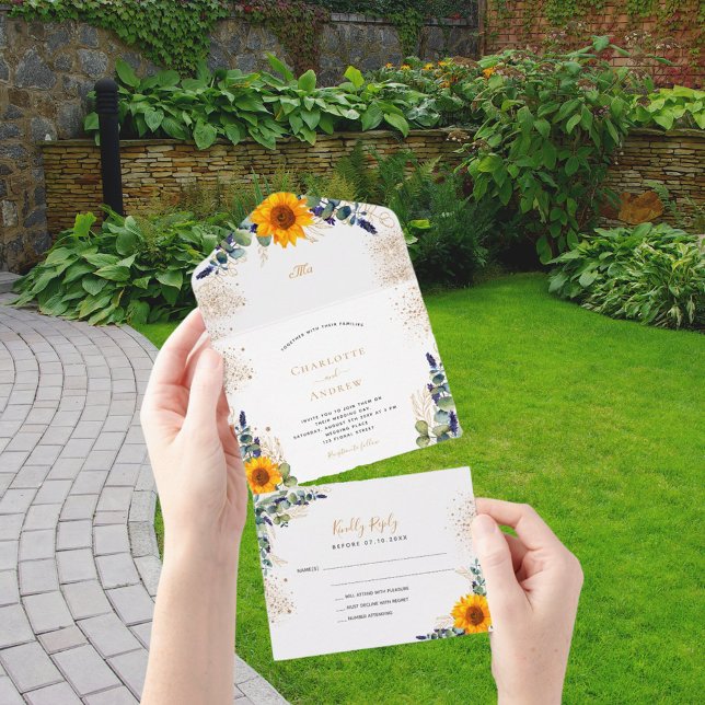 Invitación Todo En Uno Boda de Eucalyptus greenery purpurina de girasol (Subido por el creador)