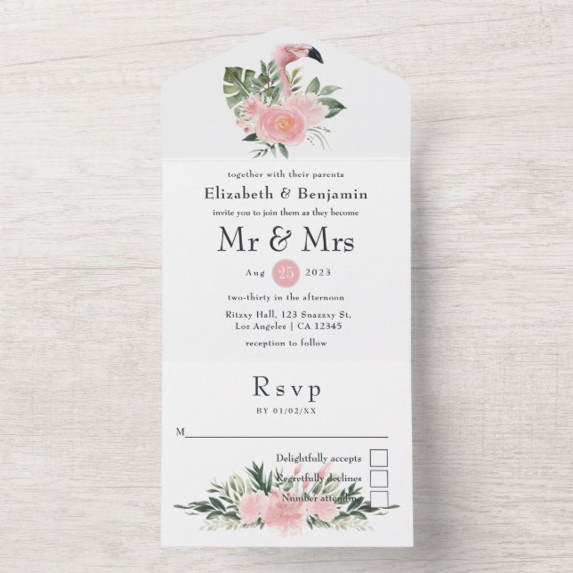 Invitación Todo En Uno Boda de flamenco rosa tropical exótico (Interior)