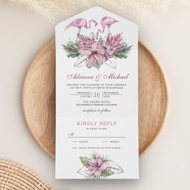 Invitación Todo En Uno Boda de flamencos florales rosados de acuarela tro (Subido por el creador)